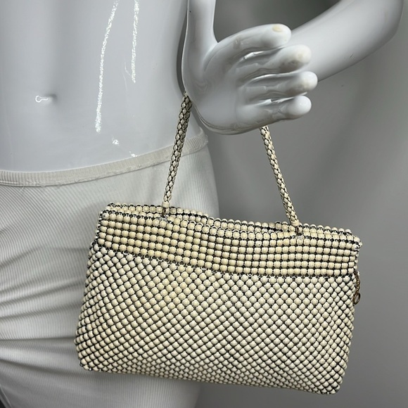 Whiting & Davis Cream Alumesh Metal Mesh Zip Top Double Handle Purse - Picture 8 of 12